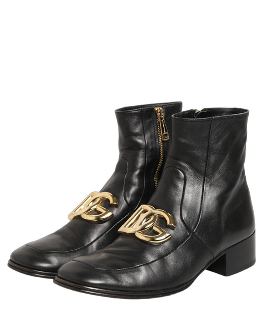 Dolce & Gabbana Black Leather DG Logo Plaque Shorts Ankle Boots Shoes