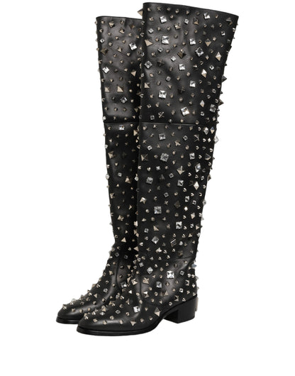 Dolce & Gabbana Black Crystal Embellished High Boots Shoes