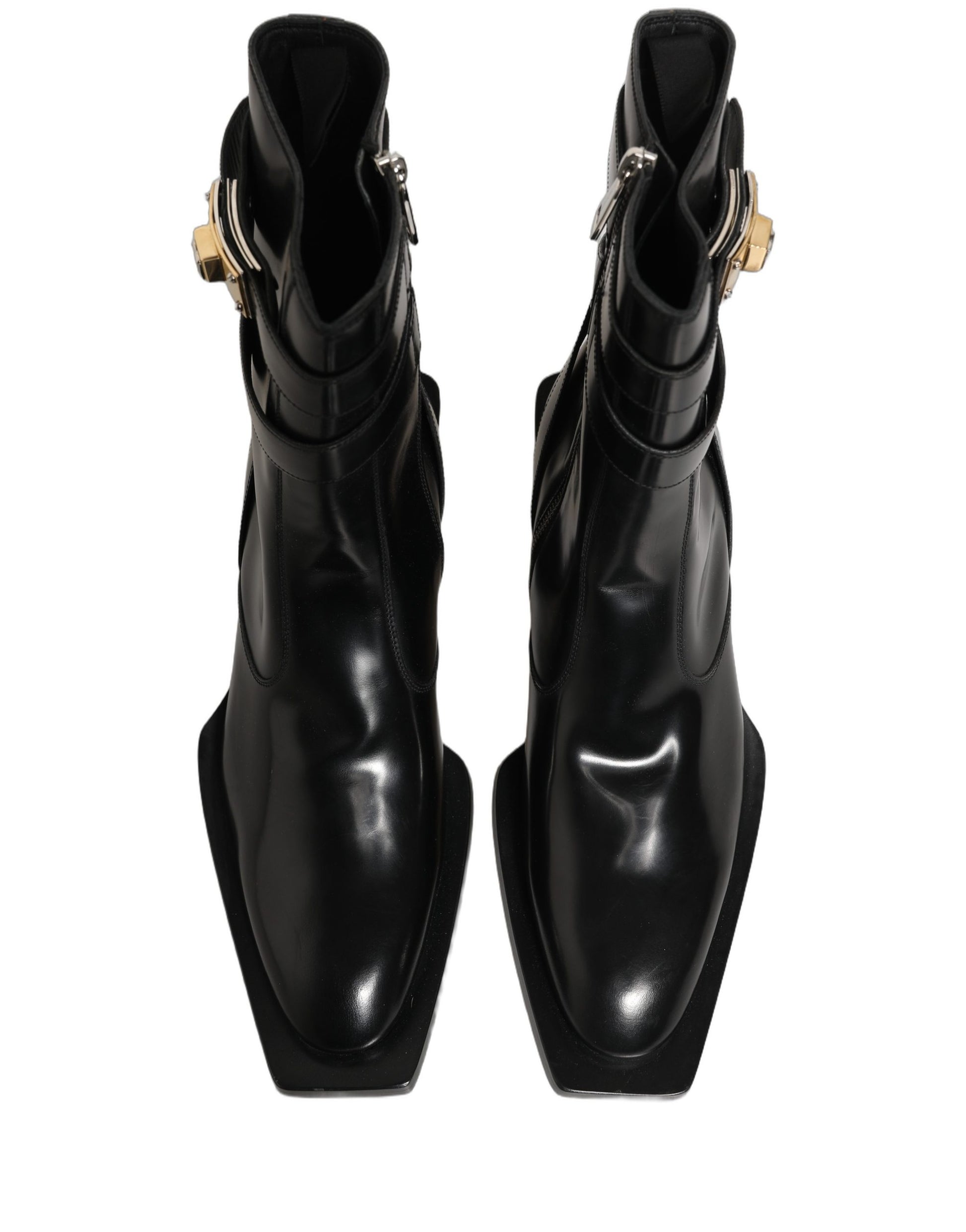 Dolce & Gabbana Black Leather DG Plaque Mid Calf Boots Shoes