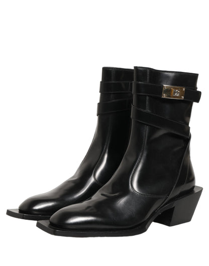 Dolce & Gabbana Black Leather DG Plaque Mid Calf Boots Shoes
