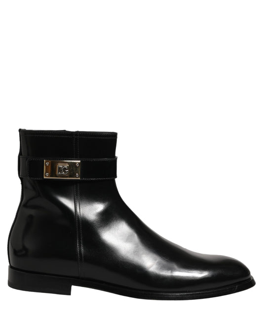 Dolce & Gabbana Black Leather Logo Buckle Mid Calf Boots Shoes