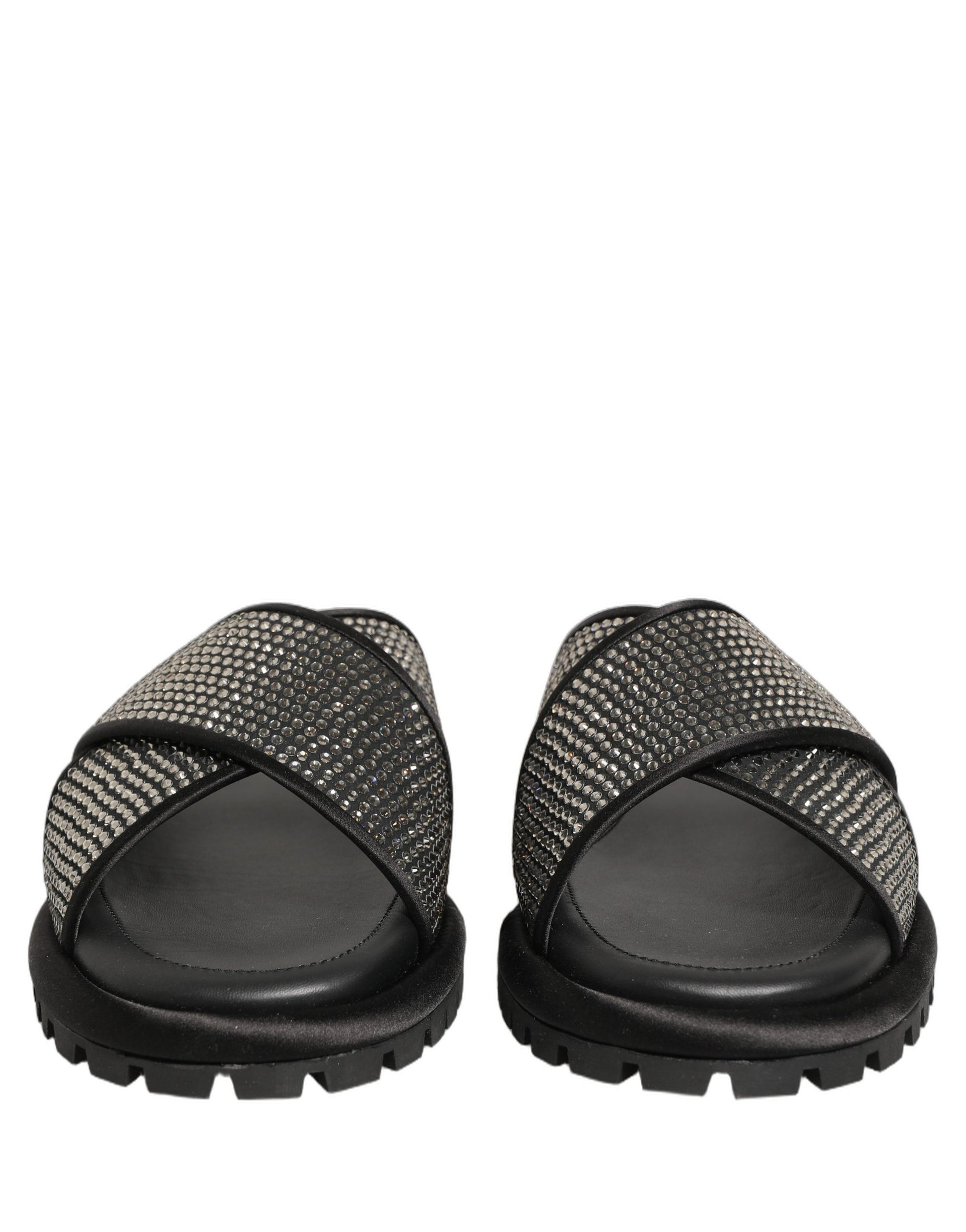 Dolce & Gabbana Black Strass Criss Cross Slide Sandals Shoes