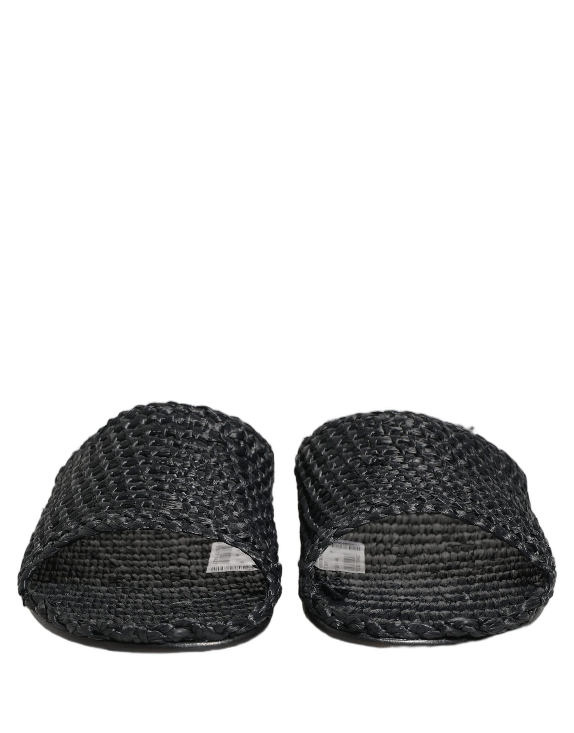 Dolce & Gabbana Black Straw Raffia Slides Sandals Flats Shoes