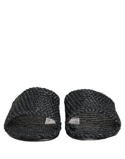 Dolce & Gabbana Black Straw Raffia Slides Sandals Flats Shoes