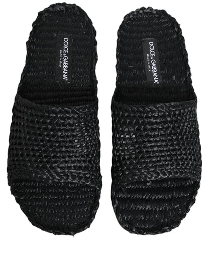 Dolce & Gabbana Black Straw Raffia Slides Sandals Flats Shoes