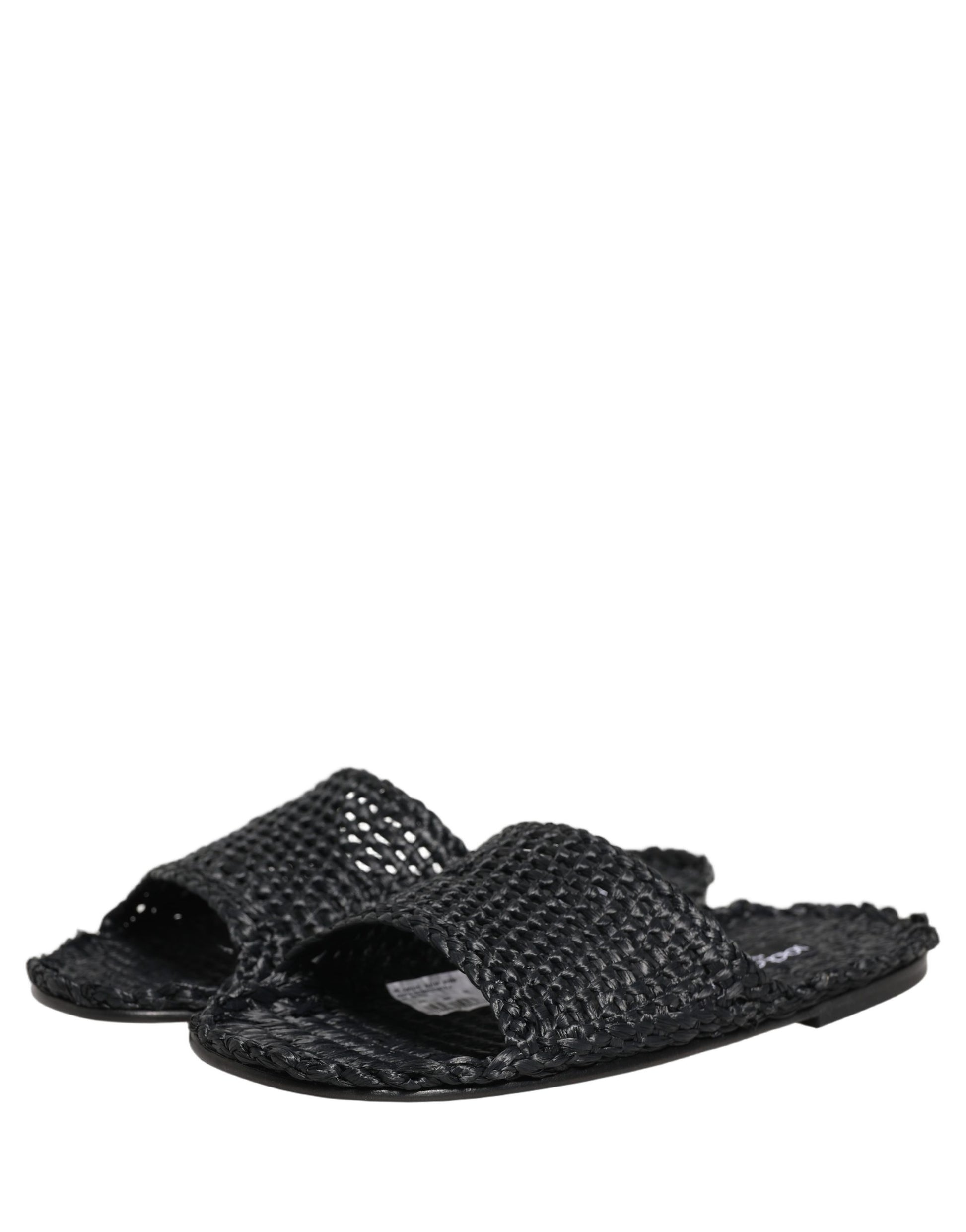 Dolce & Gabbana Black Straw Raffia Slides Sandals Flats Shoes