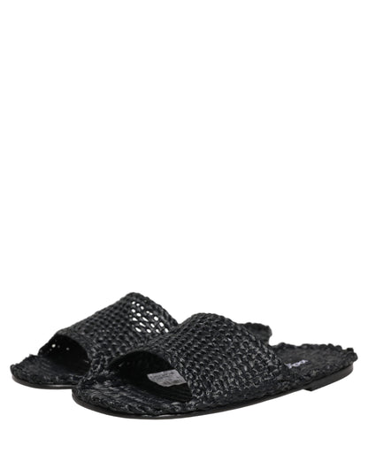 Dolce & Gabbana Black Straw Raffia Slides Sandals Flats Shoes