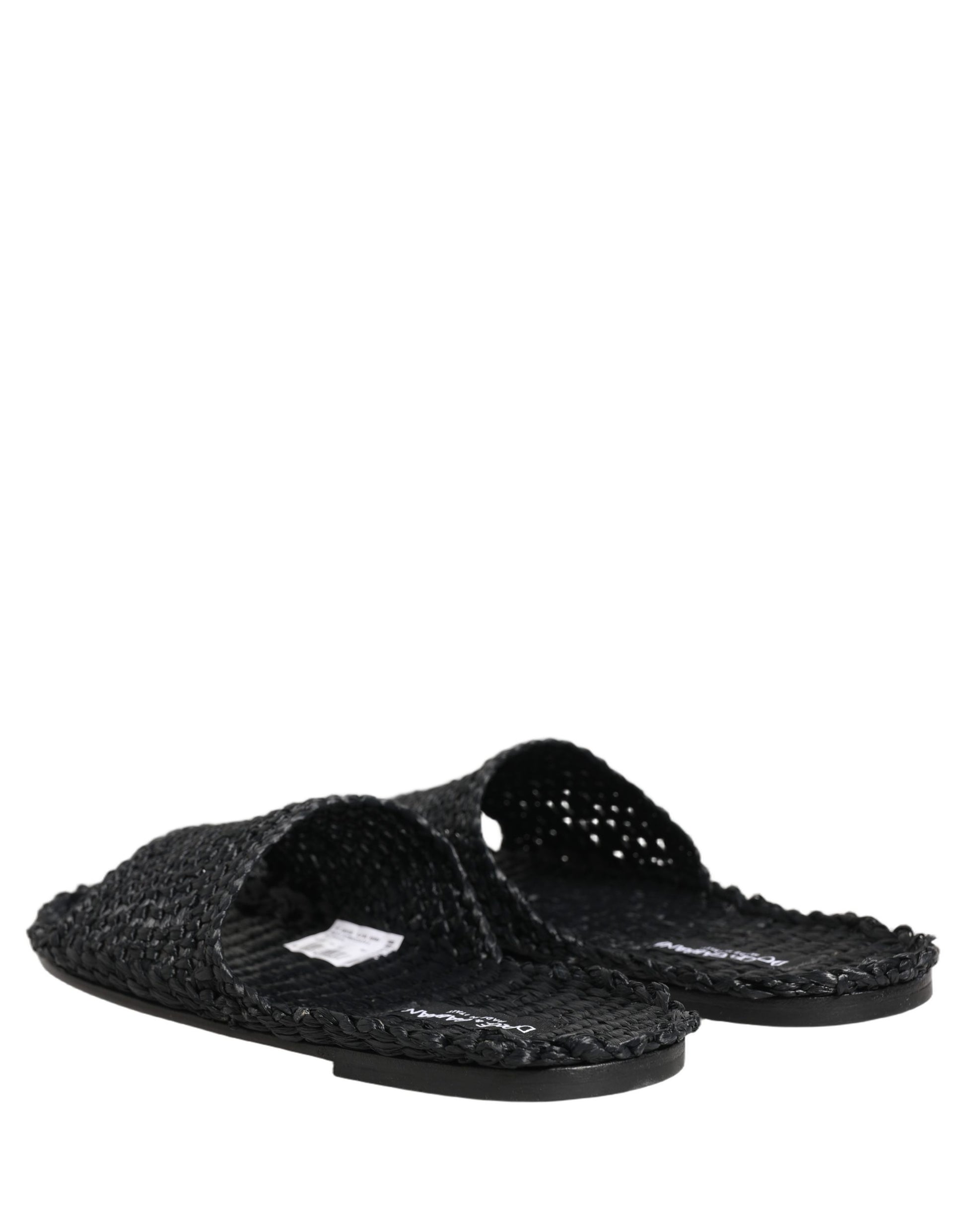 Dolce & Gabbana Black Straw Raffia Slides Sandals Flats Shoes