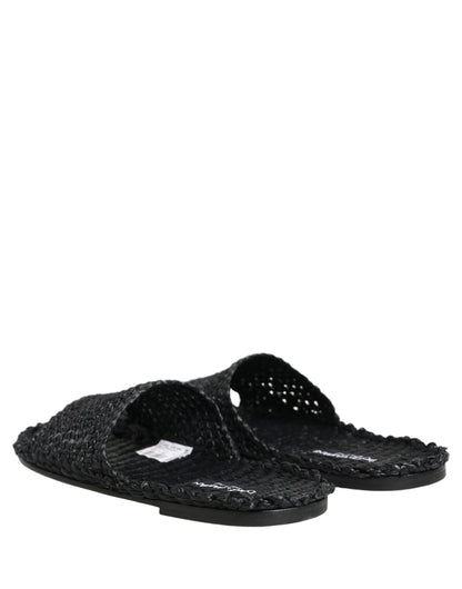 Dolce & Gabbana Black Straw Raffia Slides Sandals Flats Shoes