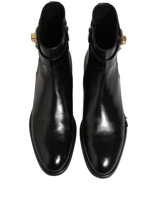 Dolce & Gabbana Black Leather Logo Buckle Mid Calf Boots Shoes