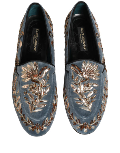 Dolce & Gabbana Blue Velvet Embellished Dress Loafers Shoes