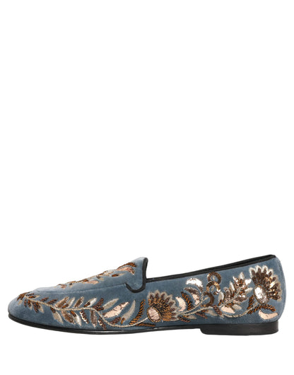 Dolce & Gabbana Blue Velvet Embellished Dress Loafers Shoes
