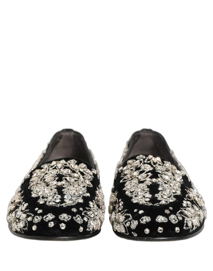 Dolce & Gabbana Black Velvet Embellished Dress Loafers Shoes