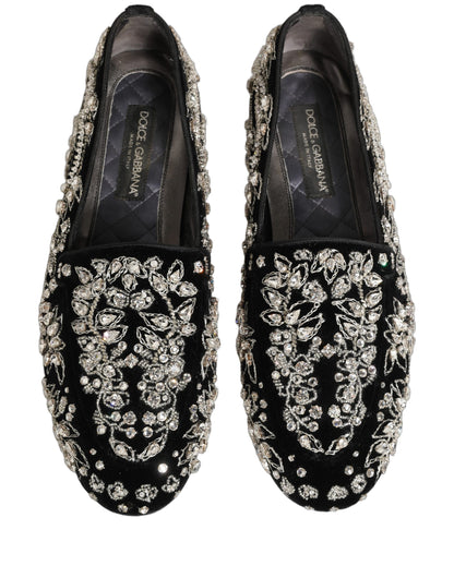Dolce & Gabbana Black Velvet Embellished Dress Loafers Shoes
