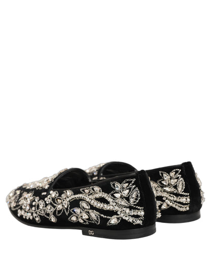 Dolce & Gabbana Black Velvet Embellished Dress Loafers Shoes