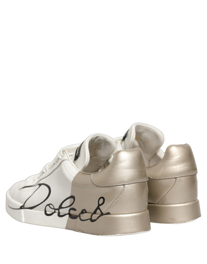 Dolce & Gabbana White Gold Low Top Leather Sneakers Shoes