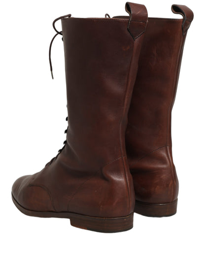 Dolce & Gabbana Brown Leather Lace Up Mid Calf Boots Shoes