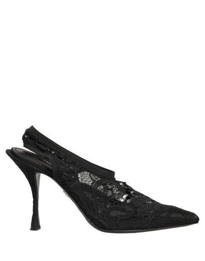 Dolce & Gabbana Black Lace Pointed Toe Slingback Pumps Shoes