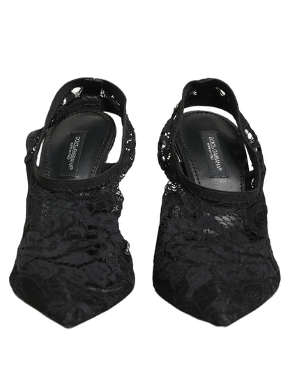 Dolce & Gabbana Black Lace Pointed Toe Slingback Pumps Shoes