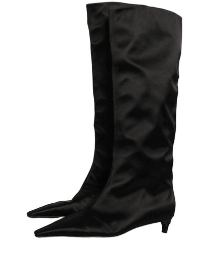 Dolce & Gabbana Black Satin Knee High Kitten Boots Shoes