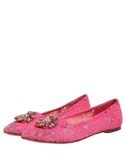 Dolce & Gabbana Pink Taormina Lace Crystals Flats Shoes