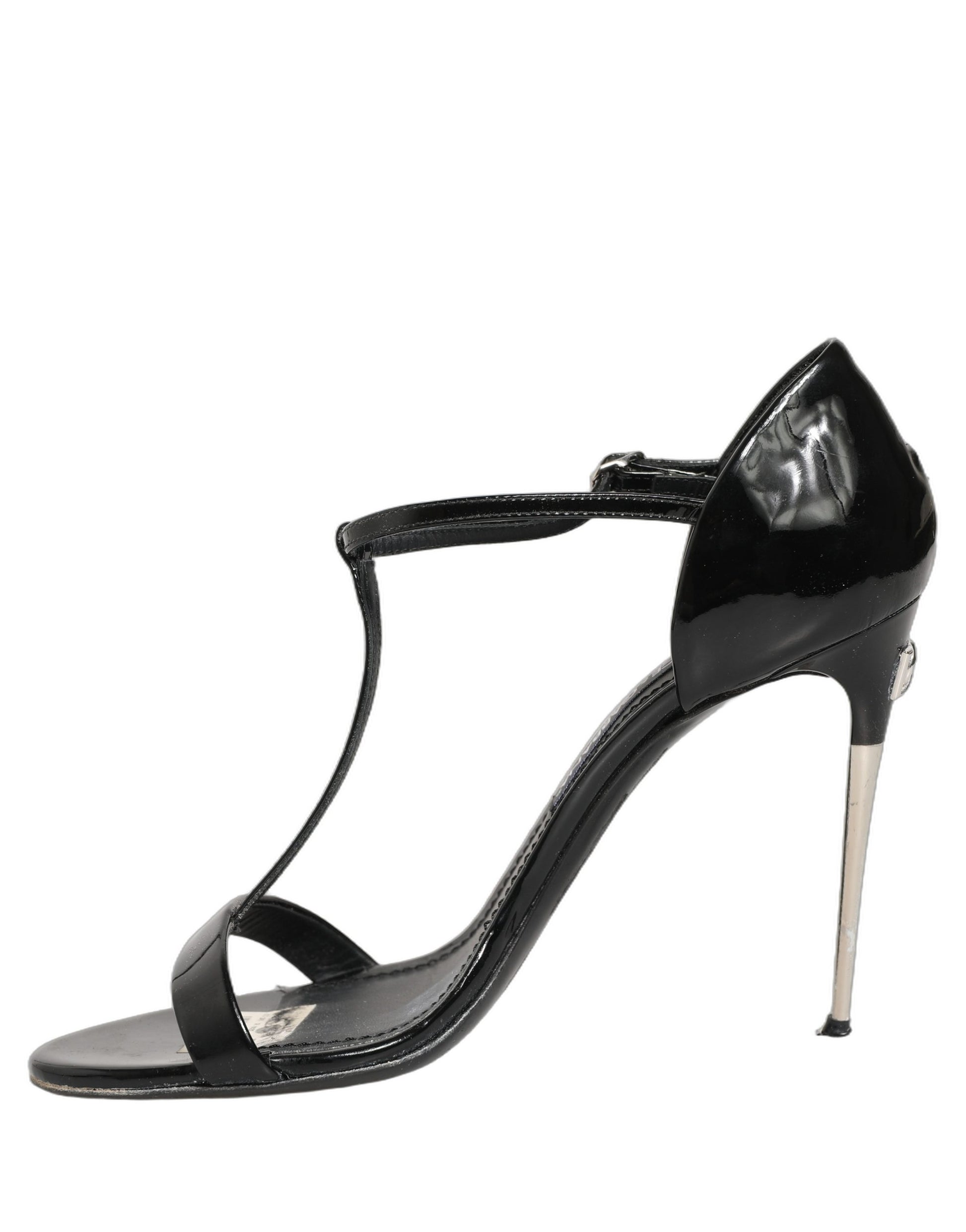Dolce & Gabbana Black Leather T-strap Heels Sandals Shoes