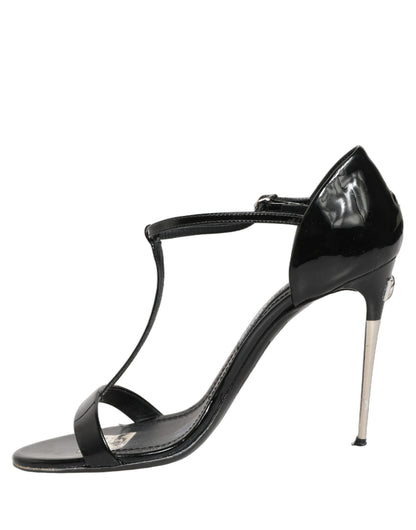 Dolce & Gabbana Black Leather T-strap Heels Sandals Shoes