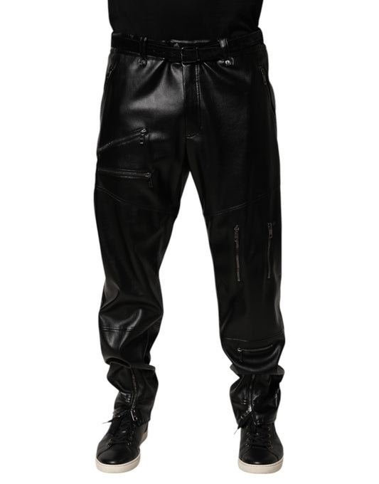 Dolce & Gabbana Black PU Leather Zipper Men Trouser Pants