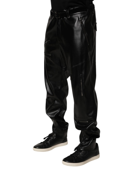 Dolce & Gabbana Black PU Leather Zipper Men Trouser Pants