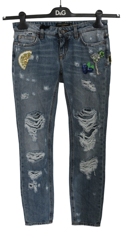 Dolce & Gabbana Chic Blue Ripped Embellished Skinny Jeans