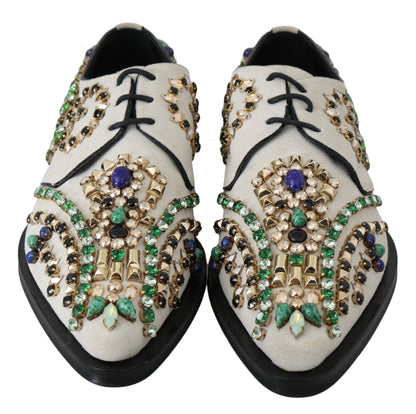 Dolce & Gabbana Elegant White Suede Dress Flats with Crystals