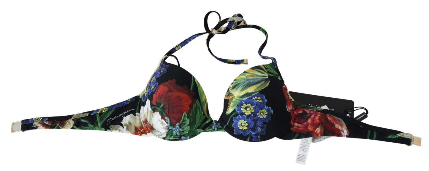 Dolce & Gabbana Chic Black Floral Bikini Top with Tie Neck