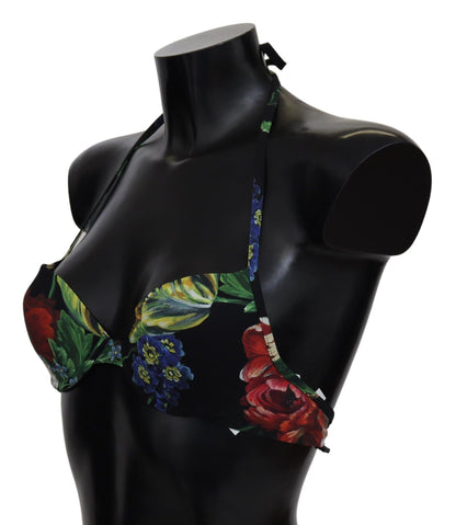 Dolce & Gabbana Chic Black Floral Bikini Top with Tie Neck