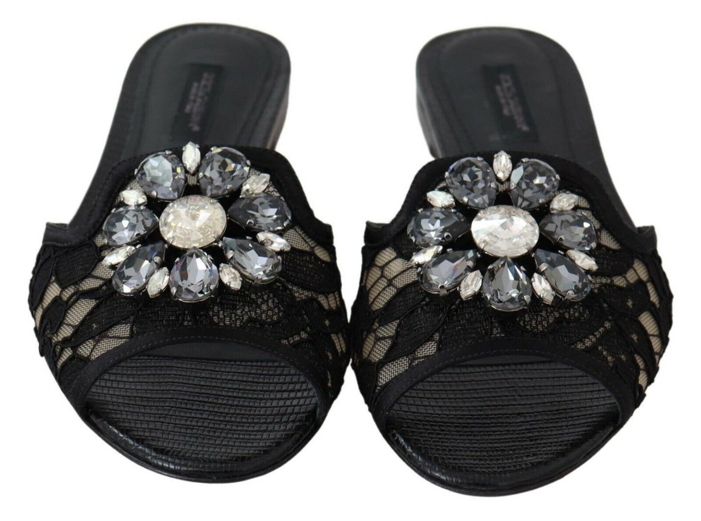 Dolce & Gabbana Black Taormina Lace Slides Crystals Flats Shoes