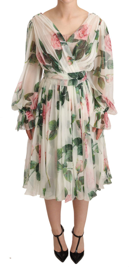 Dolce & Gabbana Elegant White Floral Silk Midi Dress