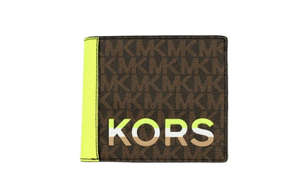 Michael Kors Cooper Brown Neon Signature Leather Graphic Logo Billfold Wallet