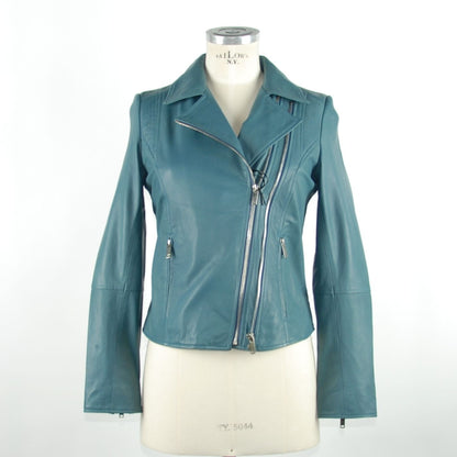 Emilio Romanelli Chic Blue Leather Jacket with Zip Closure