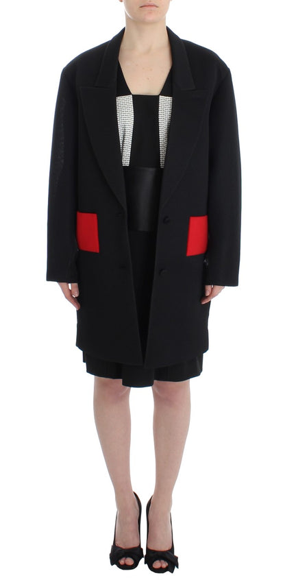 KAALE SUKTAE Elegant Draped Long Coat in Black with Red Accents