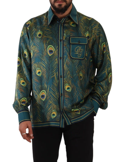 Dolce & Gabbana Peacock Feather Print Silk Pajama Mens Shirt