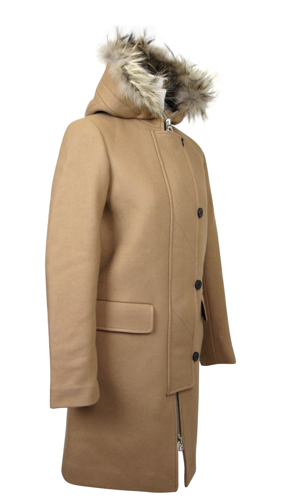 Sandro Women's Camel Kurt Wool Coat Fur Trim Hood