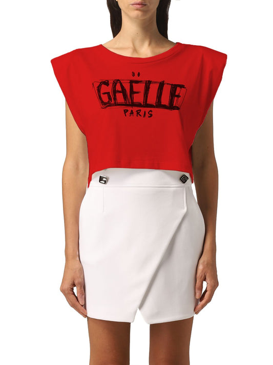 Gaelle Chic Red Shoulder Pad Tee with Logo Accent