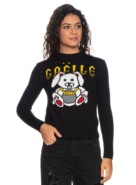 Gaelle Elegant Black Wool-Blend Pullover with Fantasy Design