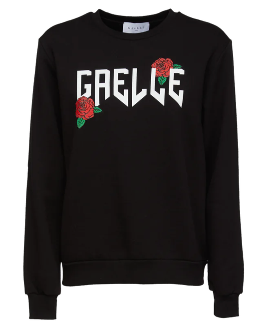 Gaelle Elegant Black Crewneck Sweatshirt with Floral Accent