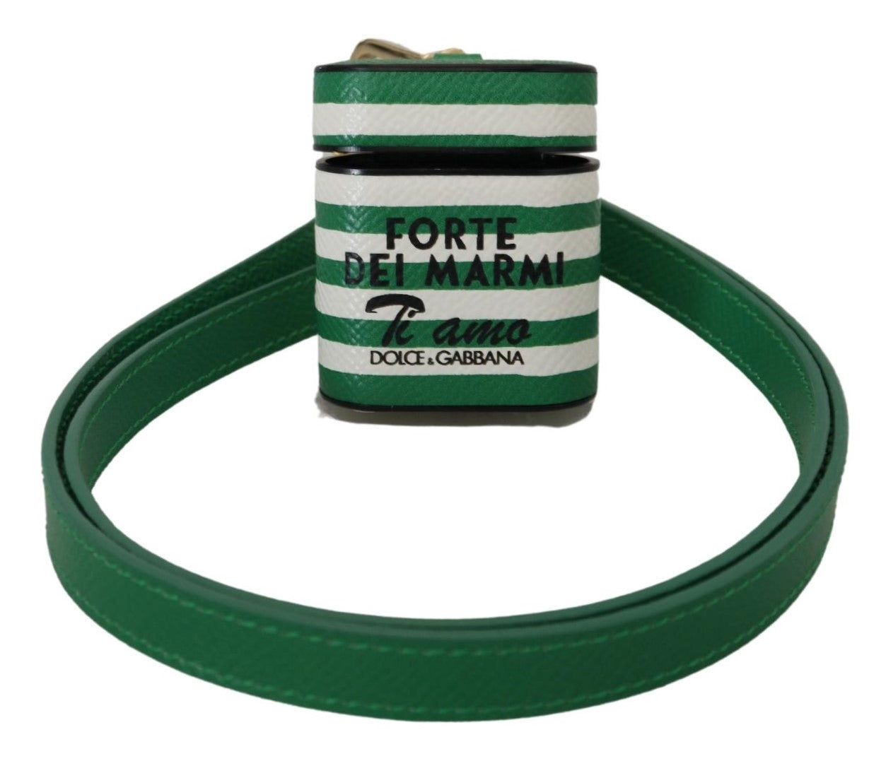 Dolce & Gabbana Green Leather Strap Gold Metal Logo Airpods Case