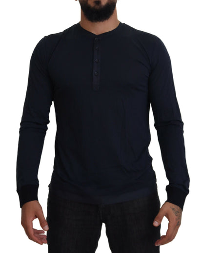 Dolce & Gabbana Blue Cotton Button Crewneck Pullover Sweater
