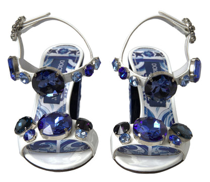 Dolce & Gabbana Elegant White & Blue Gemstone Embellished Sandals