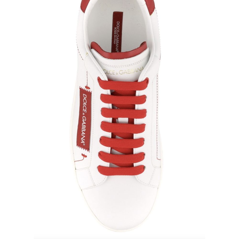 Dolce & Gabbana Chic White Calfskin Leather Sneakers with Red Accents