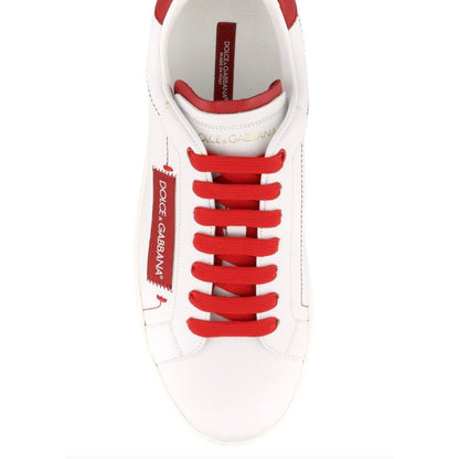 Dolce & Gabbana Chic White Calfskin Leather Sneakers with Red Accents