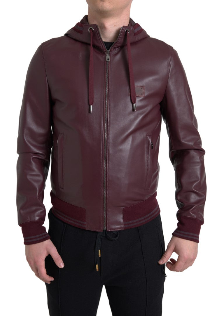 Dolce & Gabbana Elegant Bordeaux Leather Hooded Jacket