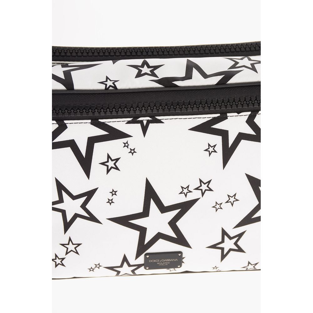 Dolce & Gabbana White Star-Print Nylon Messenger Bag with Calfskin